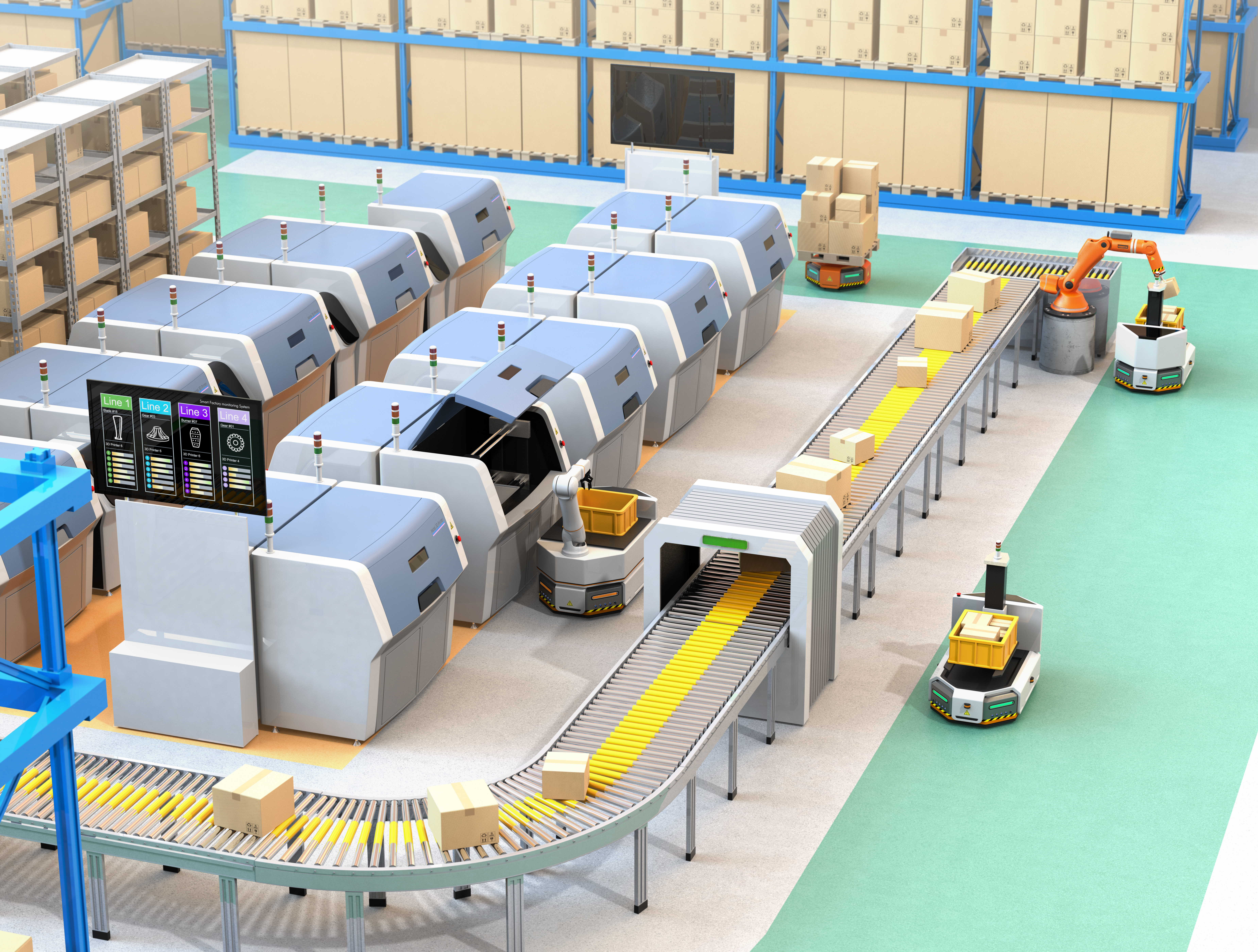 Smart factory equipped with AGV, robot carrier, 3D printers and robotic picking system