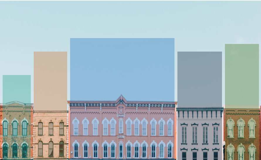 buildings with graph columns overlaid