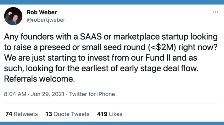 Twitter posting for seed and pre-seed startups looking for funding